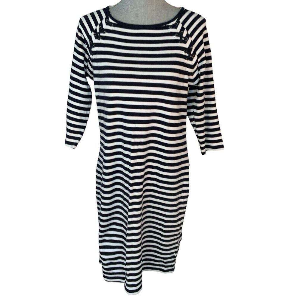 Talbots Nautical Navy Blue White Striped Cotton 3/4 Sleeve Knit Dress Womens L‎